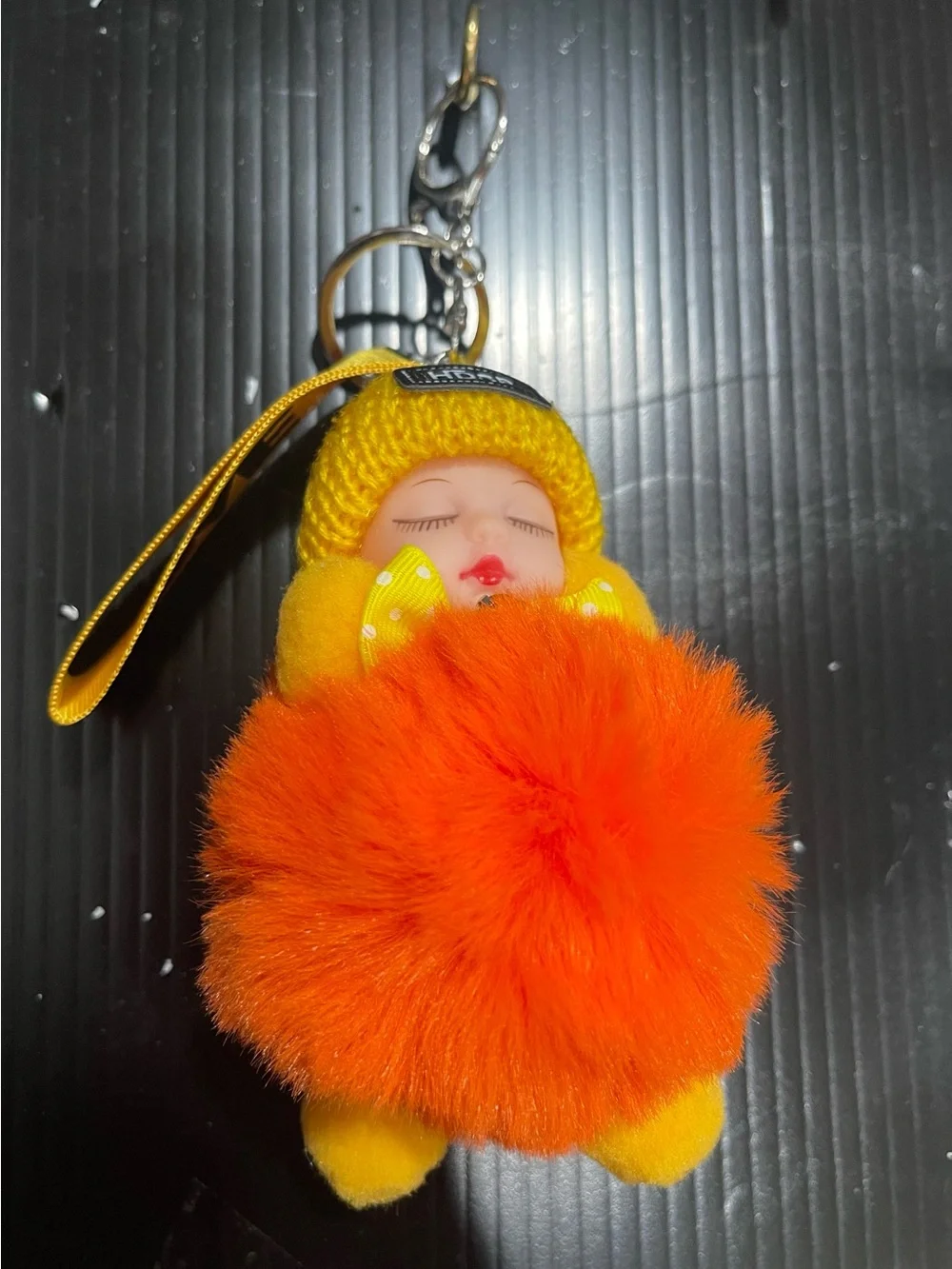 Cute Yellow Pom-Pom Doll Keychain with Bright Orange Fur